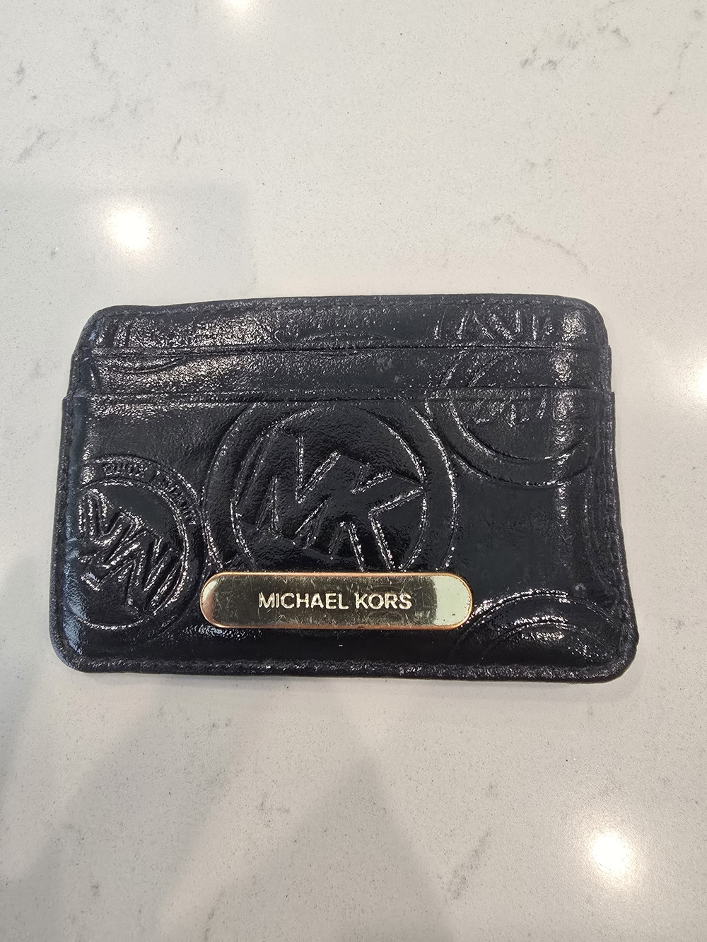 Michael Kors Black Embossed Leather Card Holder with Gold Nameplate